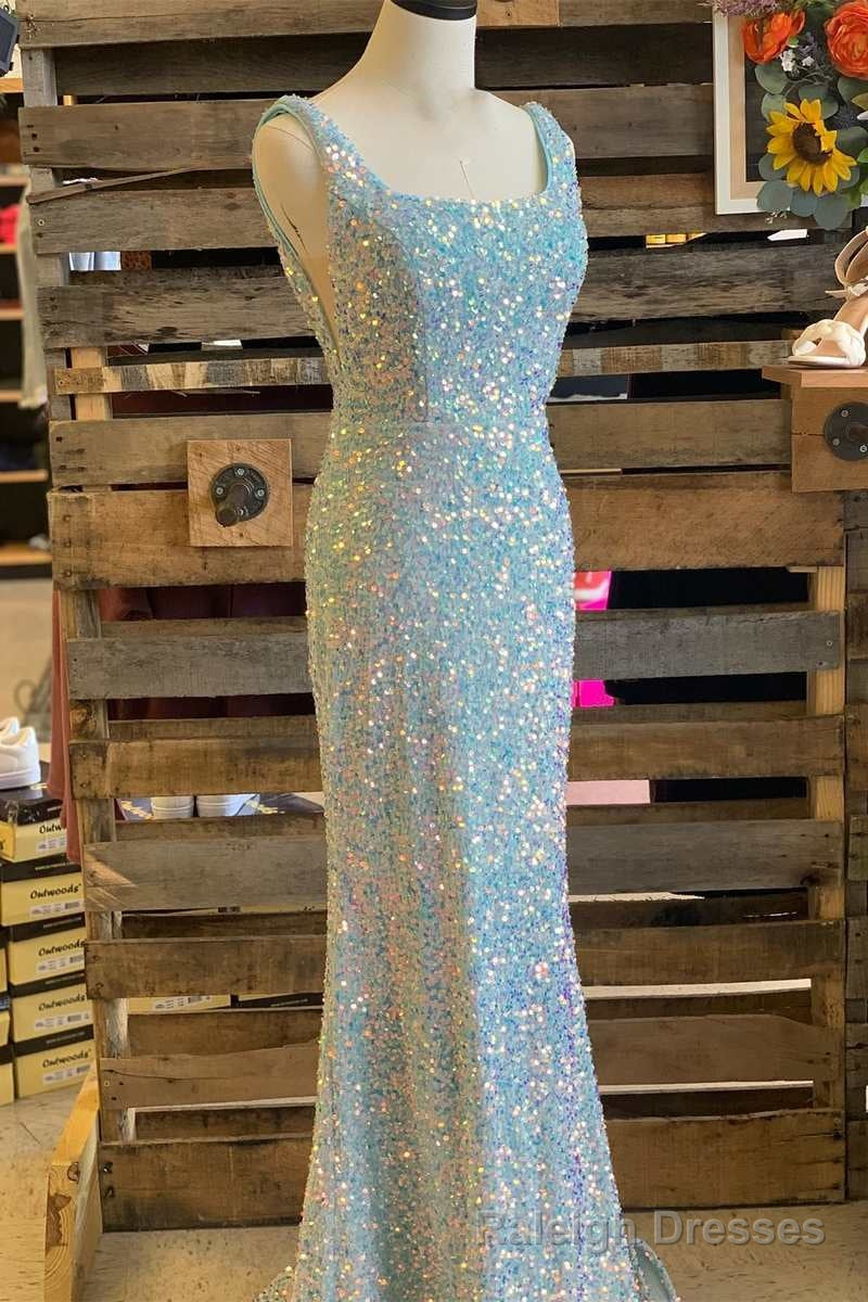 Light Blue Iridescent Sequin Square Neck Mermaid Long Formal Dress Secondary image