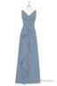 Dusty Blue V Neck Banded Waist Ruffled Long Bridesmaid Dresses