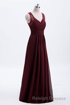 Burgundy Chiffon A-line Pleated Long Bridesmaid Dress