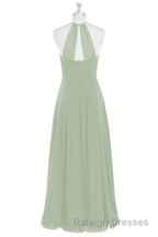 Sage Green Chiffon Halter Backless Long Bridesmaid Dress