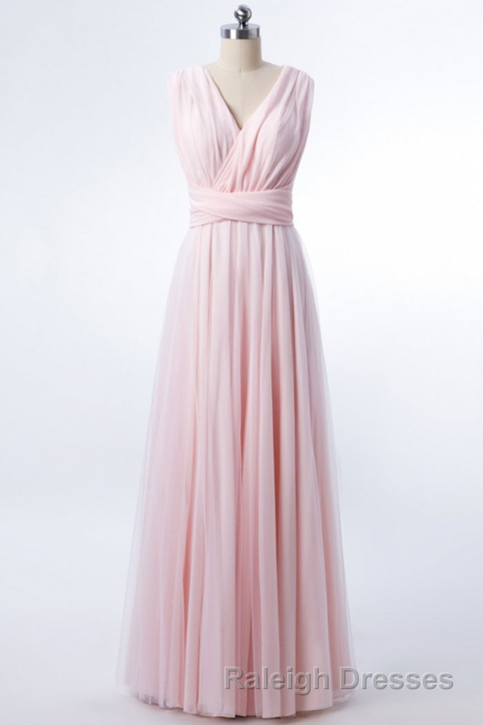 Blush Pink V-Neck Lace-Up A-Line Bridesmaid Dress