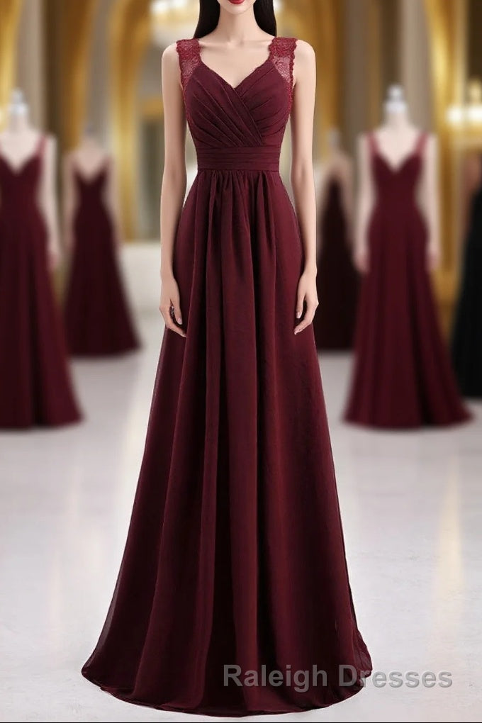 Burgundy Chiffon A Line Pleated Long Bridesmaid Dresses
