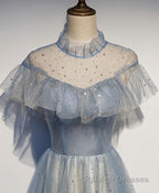 Light Blue Tulle Lace Long Prom Dress, Tulle Evening Dress