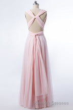 Blush Pink V Neck Lace-Up A Line Bridesmaid Dresses