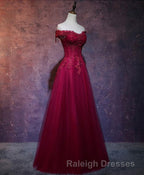 Burgundy Tulle Lace Off Shoulder Long Prom Dress, Burgundy Lace Evening Dress