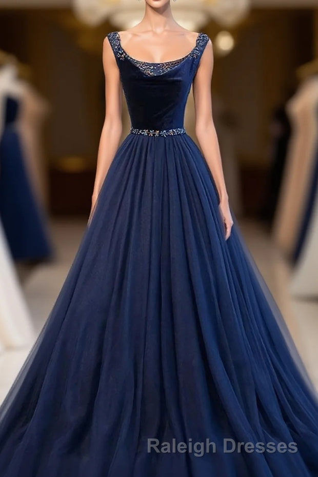 Dark Blue Tulle Long Prom Dress, Dark Blue Tulle Evening Dress Main image