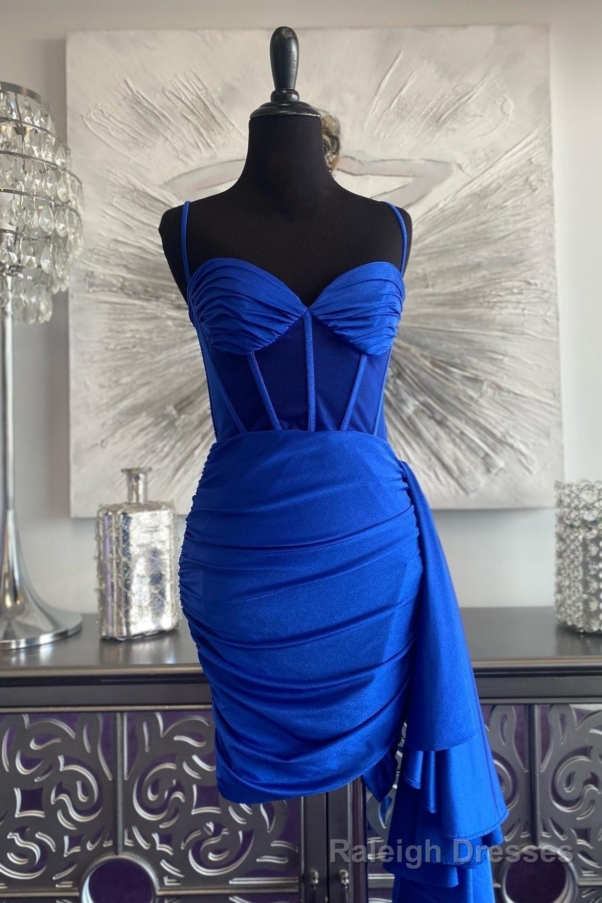 Royal Blue Satin Sheath Cascading Ruffle Homecoming Dress Main image