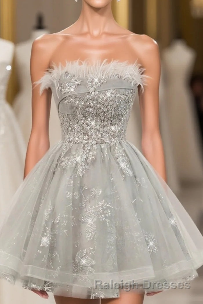 Gray Sweetheart Lace Tulle Short Prom Dress, Gray Cocktail Dress Main image