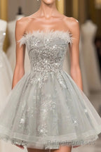 Gray Sweetheart Lace Tulle Short Prom Dress, Gray Cocktail Dress