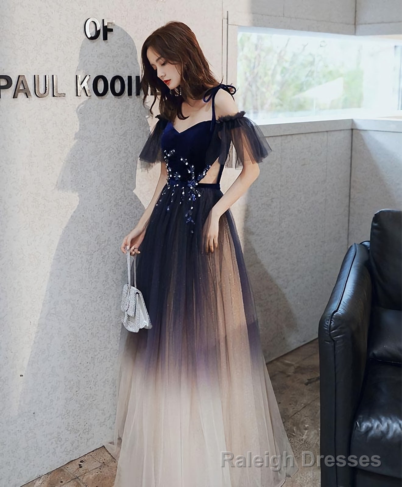 Blue Sweetheart Tulle Off Shoulder Long Prom Dress, Blue Evening Dress Main image