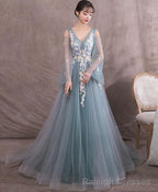 Green V Neck Tulle Lace Long Prom Dress Green Prom Dress
