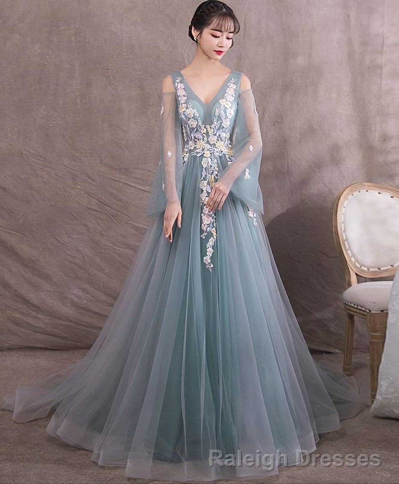 Green V Neck Tulle Lace Long Prom Dress Green Prom Dress