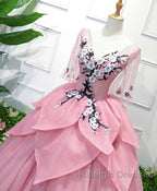 Pink V Neck Tulle Lace Applique Long Prom Dress, Pink Evening Dress, 1