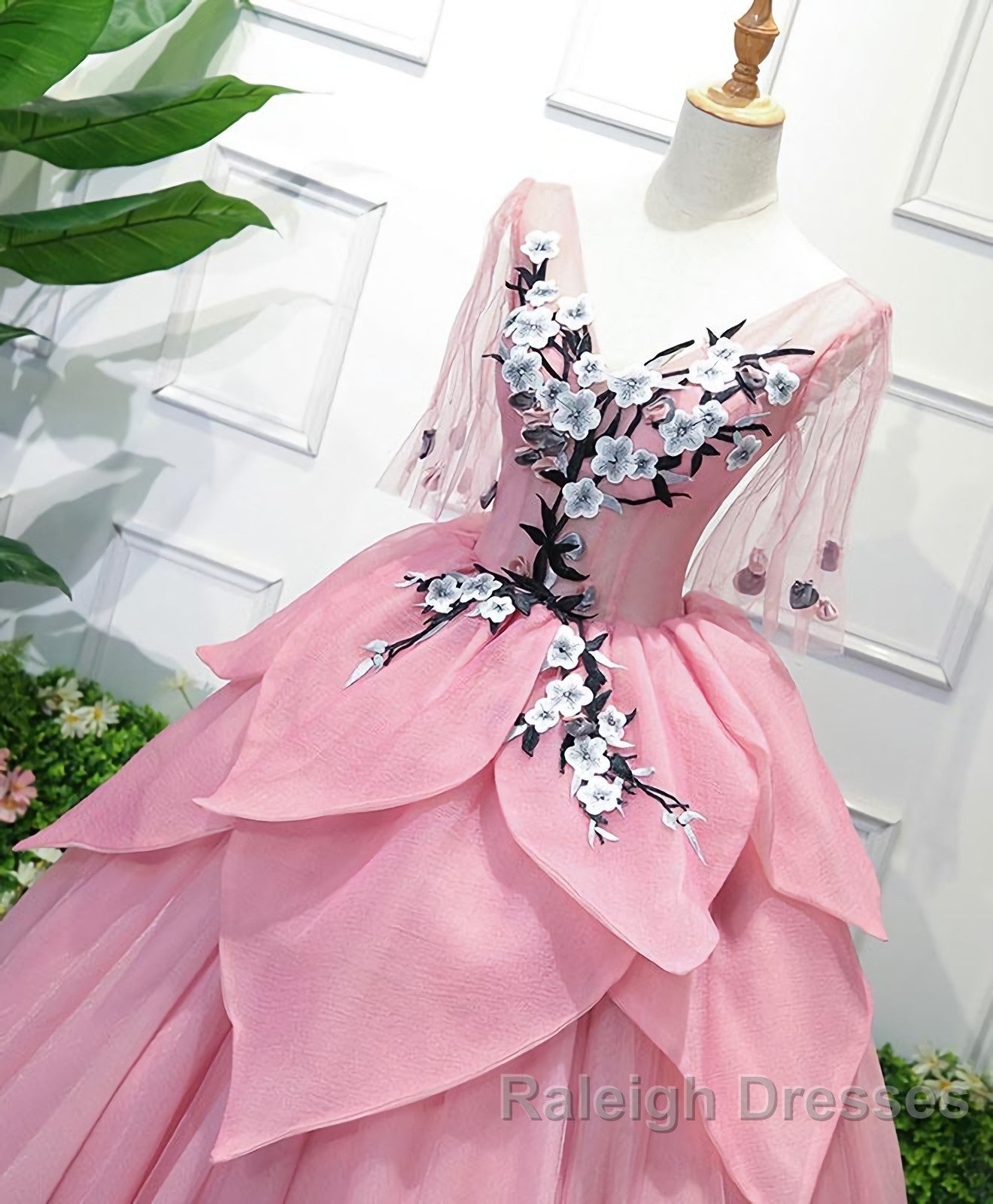 Pink V Neck Tulle Lace Applique Long Prom Dress, Pink Evening Dress, 1