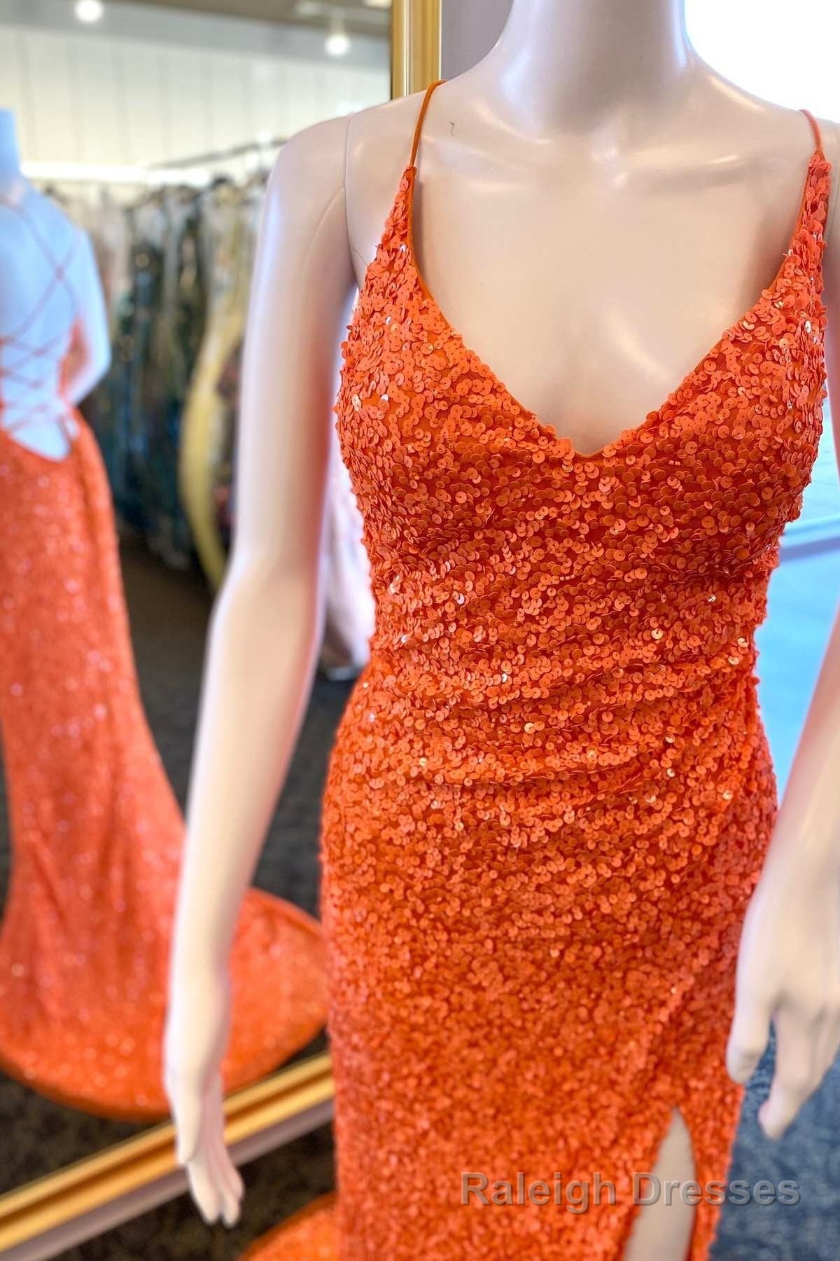 Orange Sequin Lace-Up Mermaid Long Formal Dress with Slit Main image