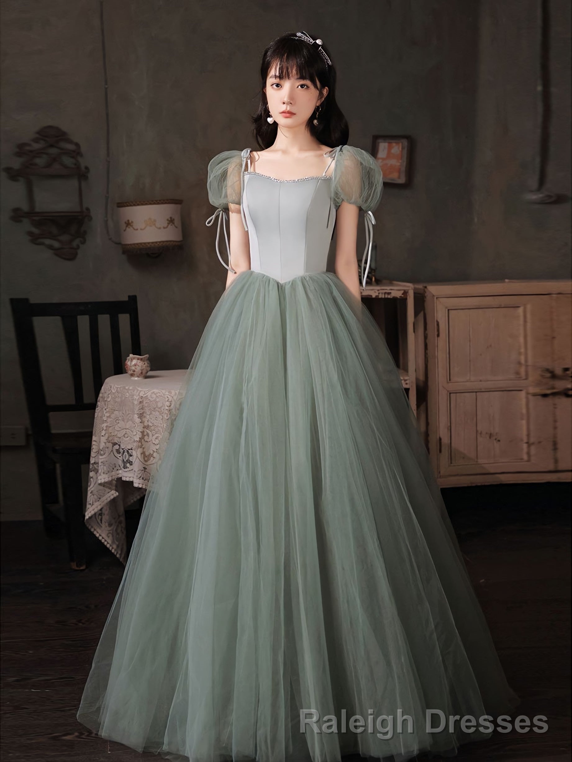 Gray Green Tulle Long Prom Dress Green Tulle Formal Dress