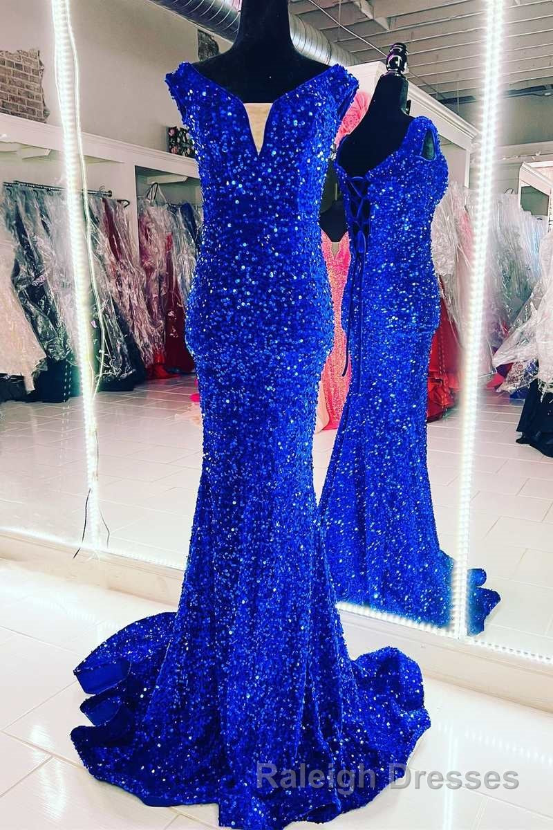 Blue Sequin V Neck Lace-Up Mermaid Long Prom Dresses