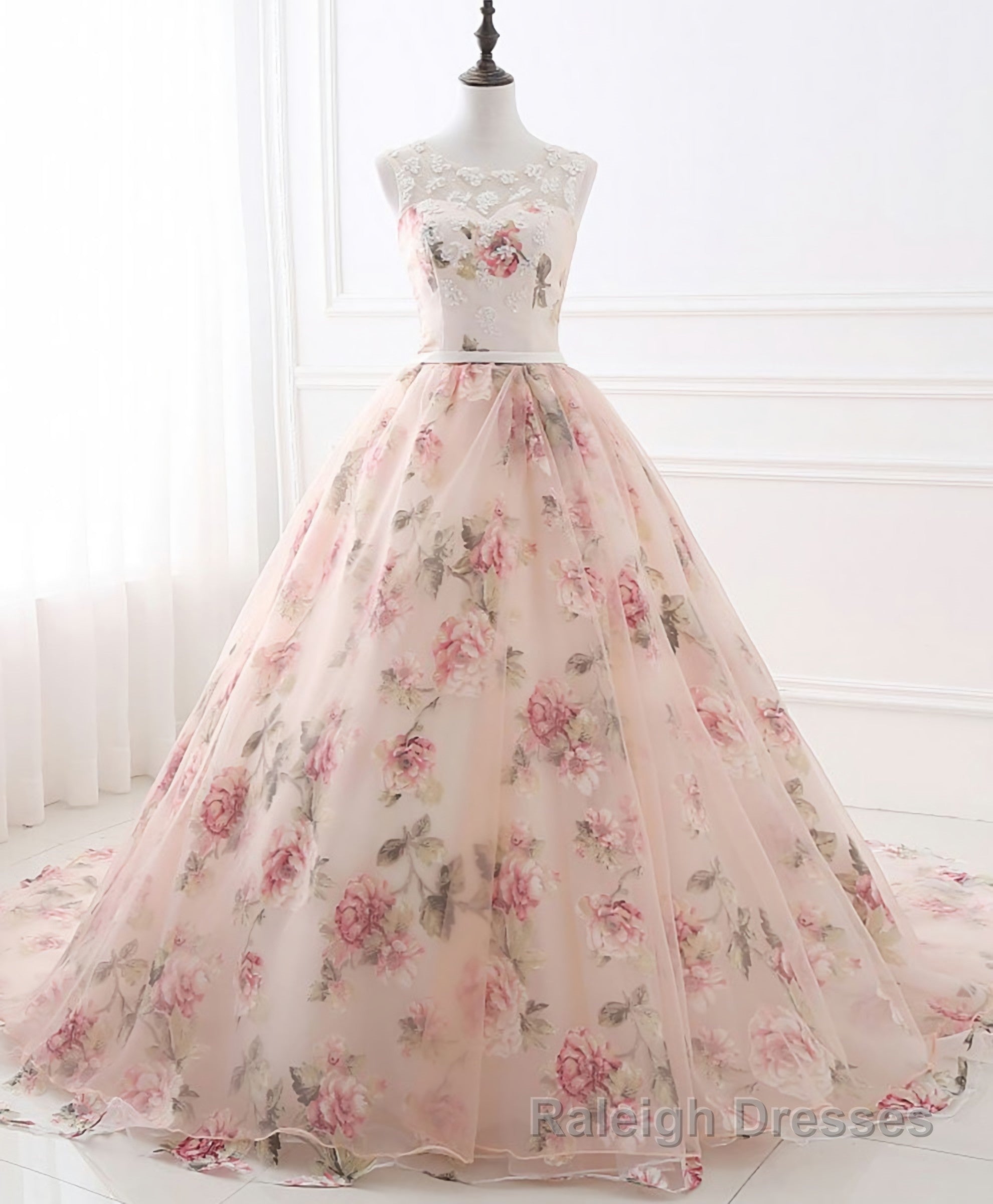 Pink Round Neck Tulle Lace Long Prom Dress, Pink Long Evening Gown Main image
