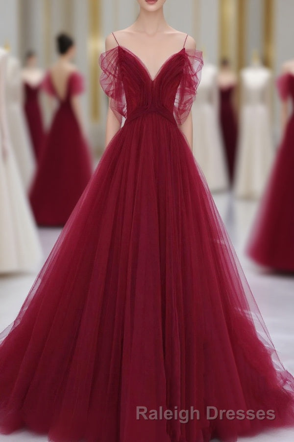 Wine Red Tulle V-Neckline Off Shoulder With Bow, Wine Red Tulle Long Prom Dress Main image