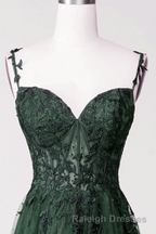 Dark Green Tulle With Lace Beaded Straps Prom Dress, Green Long Formal Dress Party Dress