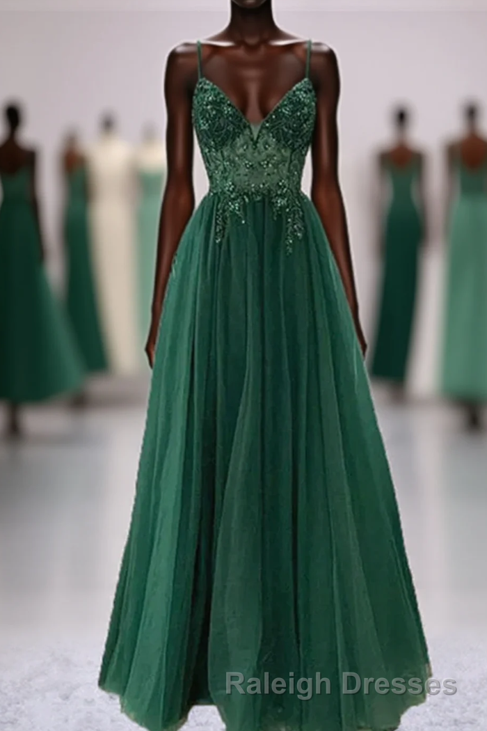 Green V-Neckline Beaded Tulle Floor Length Party Dress, A-Line Green Prom Dress Main image