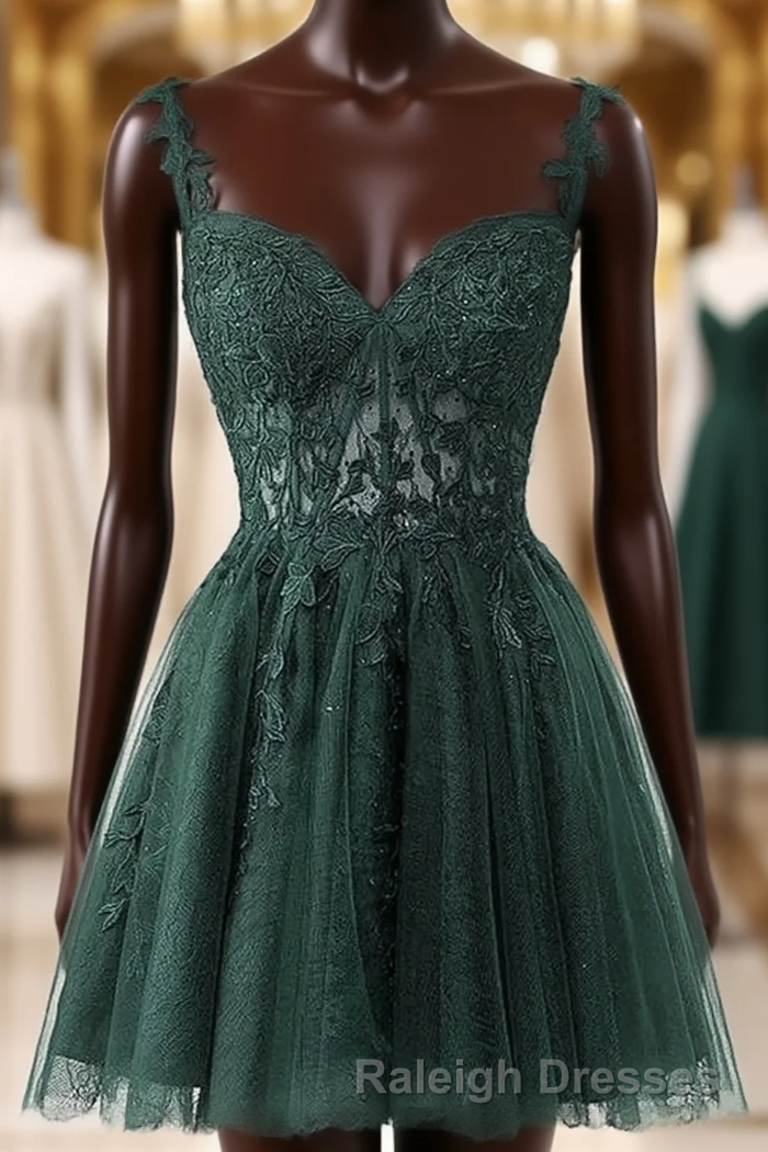 V-Neckline Dark Green Tulle With Lace Short Homecoming Dress, Green Short Prom Dress Main image