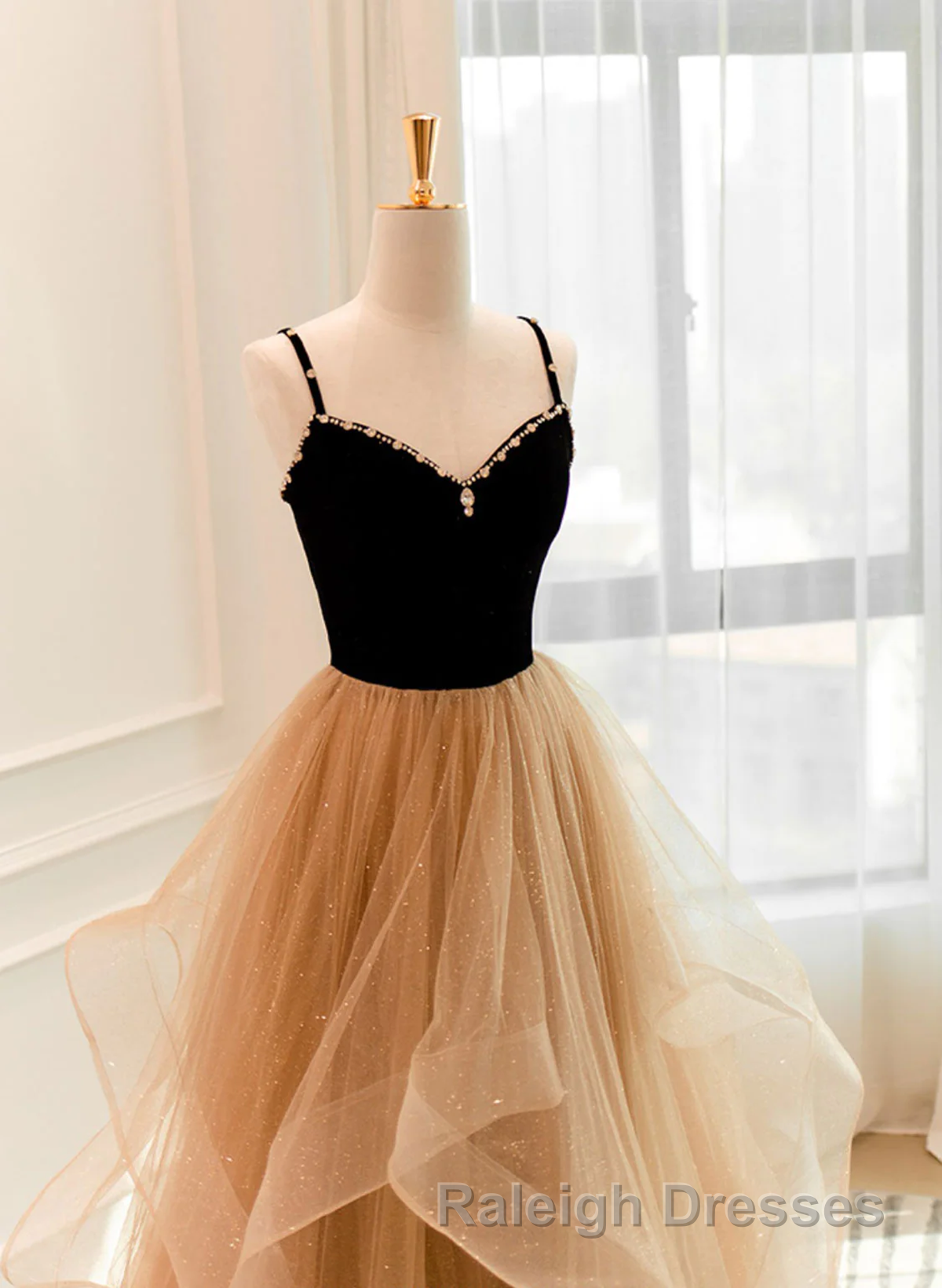 A-Line Champagne Tulle Sweetheart Beaded Long Prom Dress, Tulle Layers Party Dress Secondary image