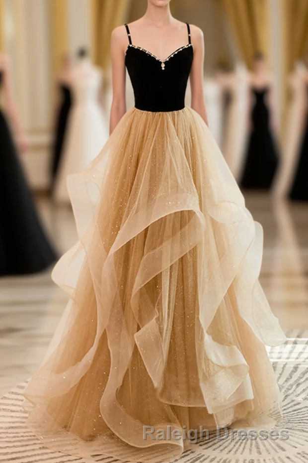 A Line Champagne Tulle Sweetheart Beaded Long Prom Dresses Tulle Layers Prom Dresses