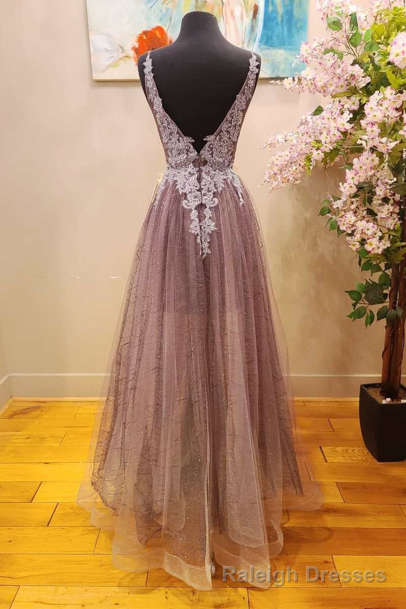 Mauve Tulle Lace Plunge V A Line Prom Dress with Slit Secondary image