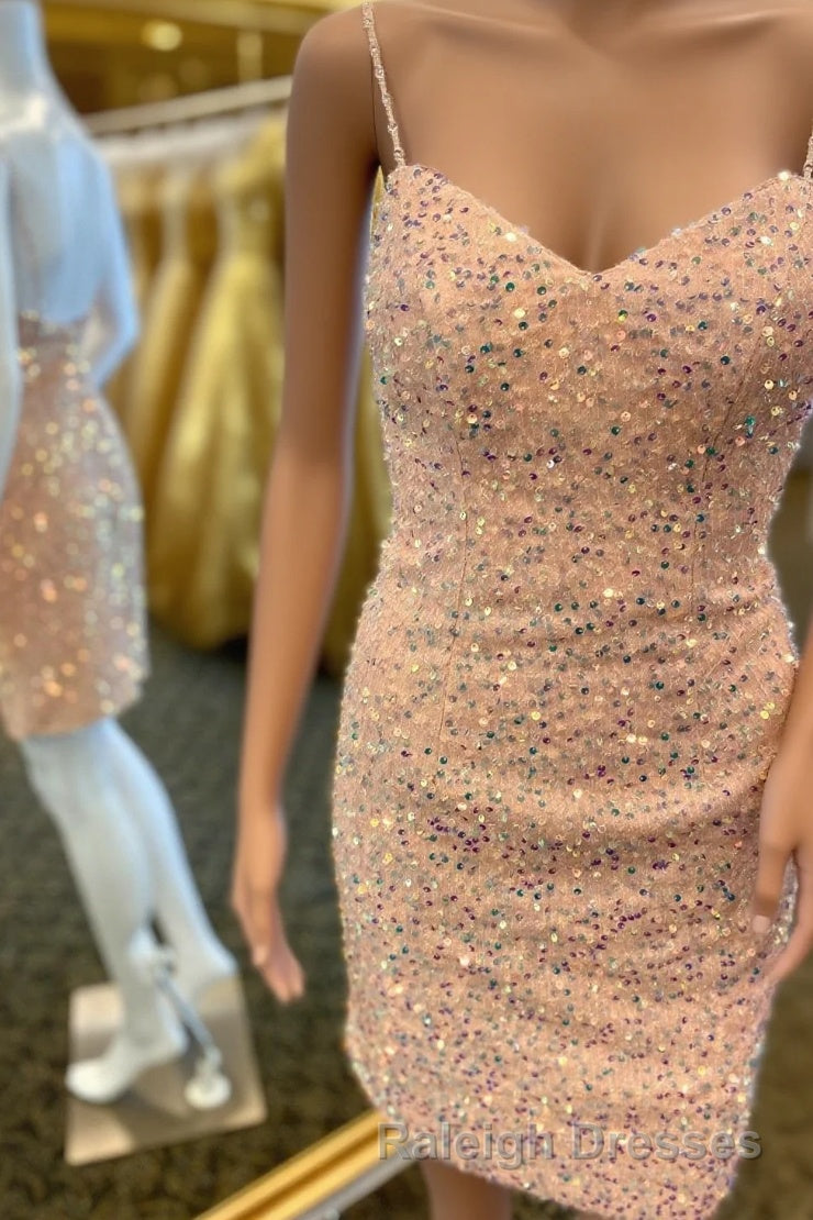 Pink Sequin Bodycon Homecoming Dress with Straps Main image