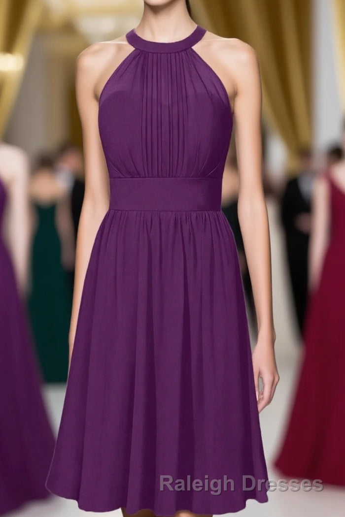 Scoop Purple Chiffon A-line Short Bridesmaid Dress