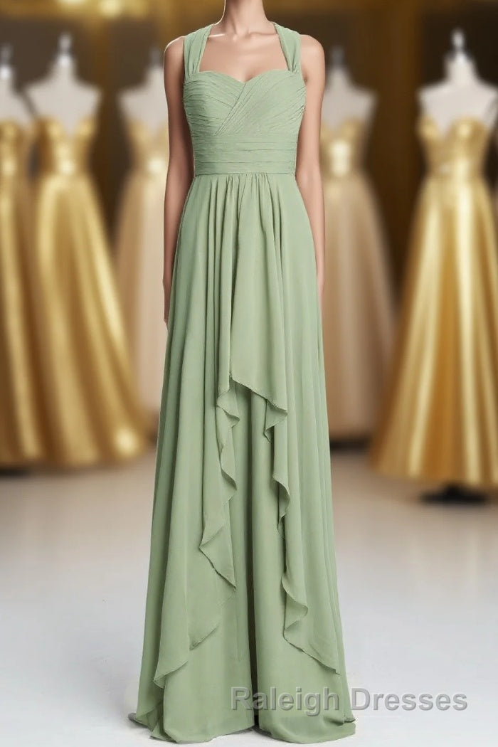 Halter Sage Pleated Ruffles Long Bridesmaid Dress Main image