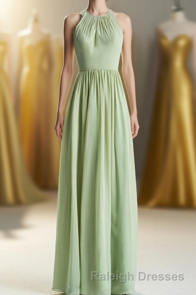 Sage Green Chiffon High Neck Long Bridesmaid Dress Main image