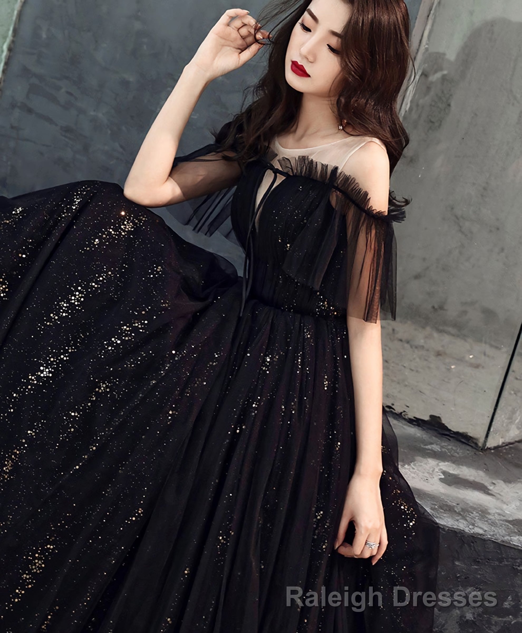 Black Tulle Off Shoulder Long Prom Dress, Black Formal Dress Secondary image