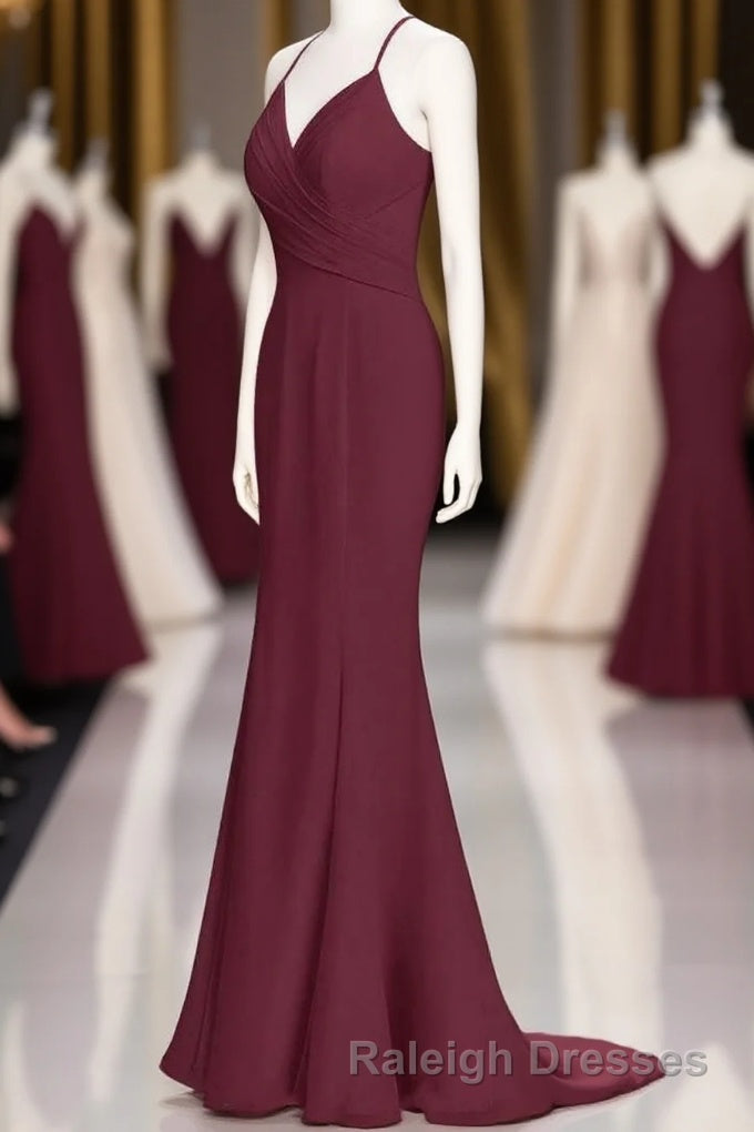 Burgundy Chiffon Spaghetti Straps A Line Long Bridesmaid Dresses Main image