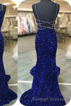 Mermaid Red Sequin V Neck Lace-Up Back Prom Dresses