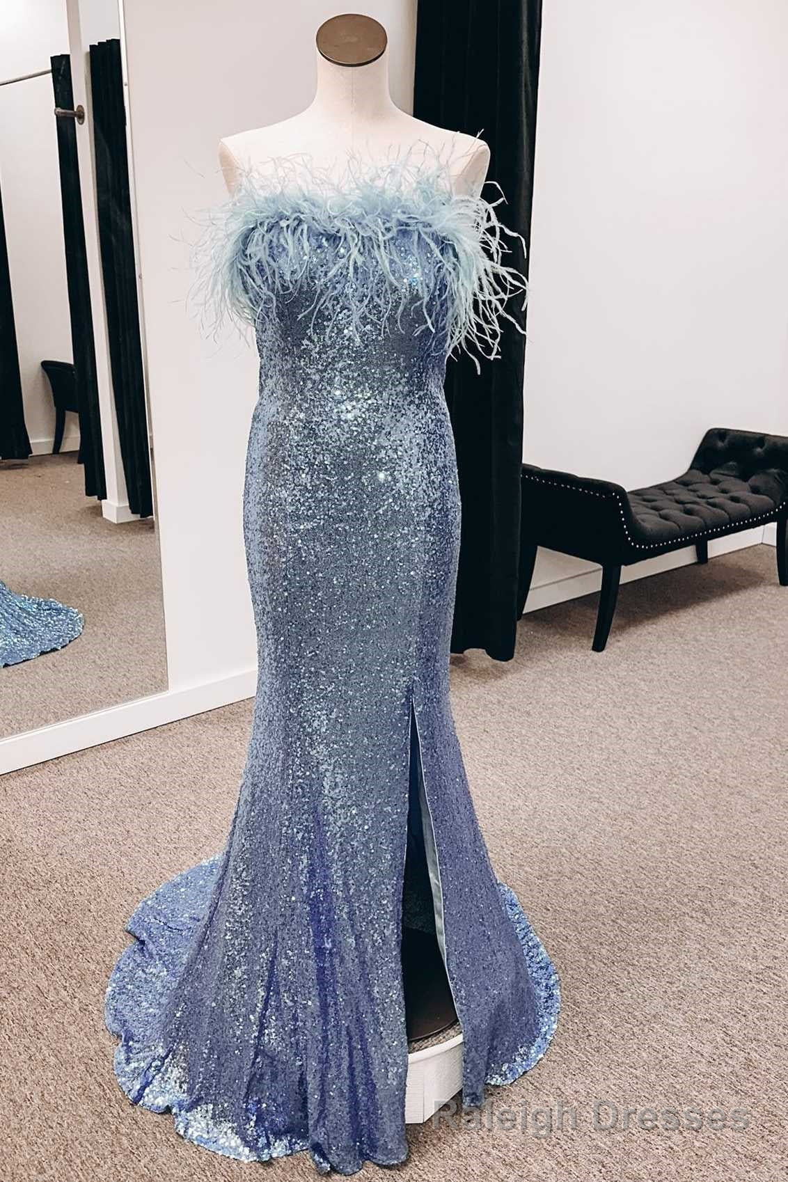 Sequins Feather Strapless Mermaid Long Prom Dress Main image