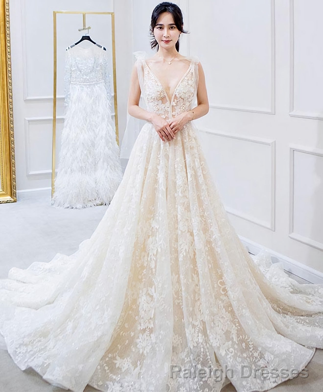 White V Neck Lace Long Prom Dress White Lace Wedding Dress Main image