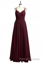 Burgundy Chiffon Spaghetti Straps A Line Long Bridesmaid Dresses