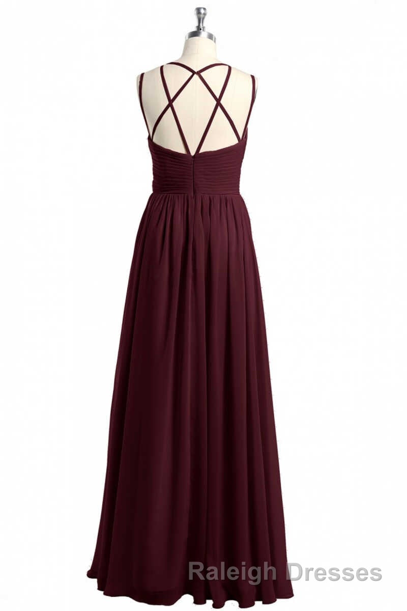 Burgundy Chiffon Spaghetti Straps A-line Long Bridesmaid Dress