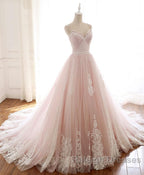 Pink Sweetheart Lace Tulle Long Prom Dresses Lace Pink Prom Dresses