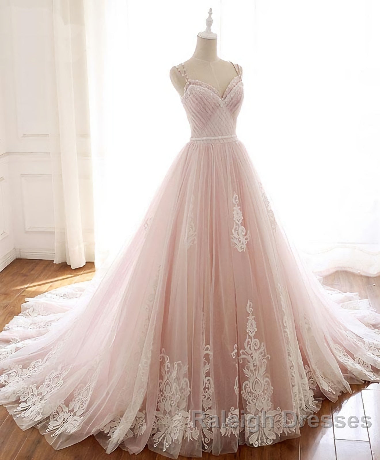 Pink Sweetheart Lace Tulle Long Prom Dresses Lace Pink Prom Dresses