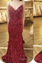 Mermaid Red Sequin V Neck Lace-Up Back Prom Dresses