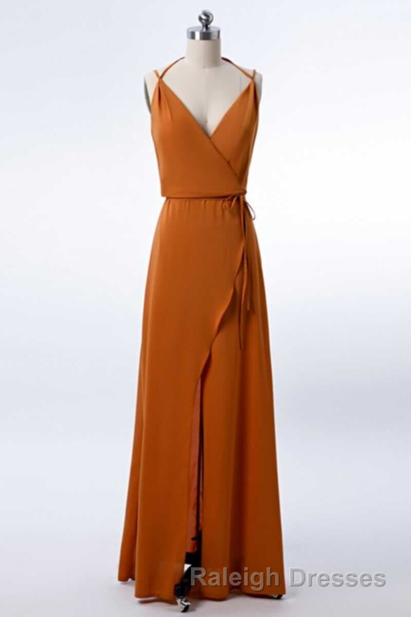 Burnt Orange Spaghetti Straps Long Bridesmaid Dress with Slit Secondary image