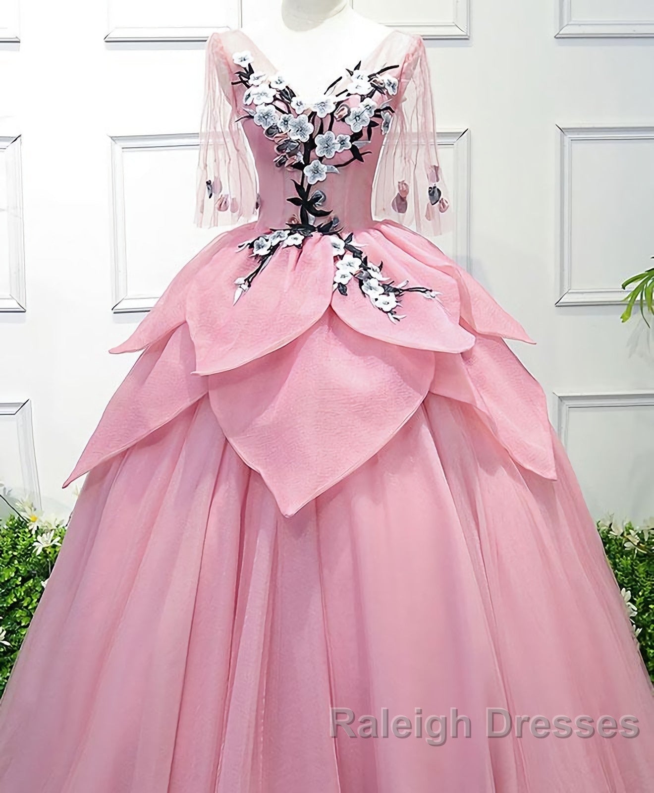 Pink V Neck Tulle Lace Applique Long Prom Dress, Pink Evening Dress, 1