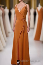 Burnt Orange Spaghetti Straps Long Bridesmaid Dress with Slit
