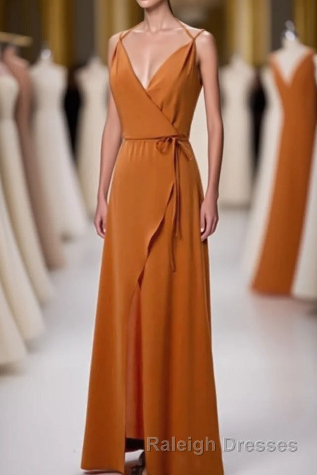 Burnt Orange Spaghetti Straps Long Bridesmaid Dress with Slit