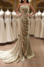 Gold Sequins Mermaid Scoop Long Evening Dress, Gold Long Prom Dress Party Dress