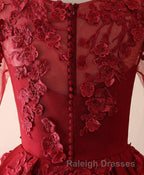 Burgundy Lace Satin Long Prom Dress, Burgundy Lace Evening Dress