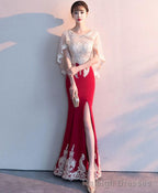Burgundy Lace Mermaid Long Prom Dress Lace Formal Dress